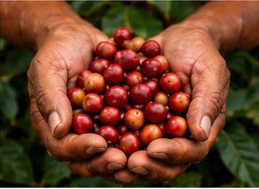 Manos sosteniendo cerezas maduras de café robusta