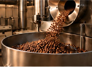 Café recién tostado cayendo de la tostadora