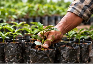 Mano sembrando un plantón de café robusta en el vivero