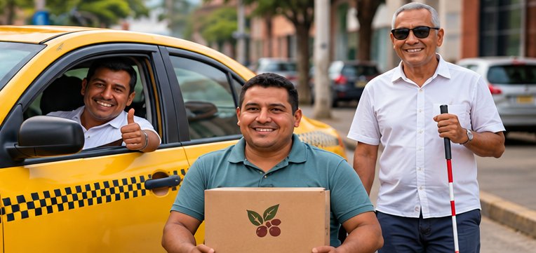 Distribuidores de la red: taxista, joven en silla de ruedas con una caja de Café del Canal y señor con bastón