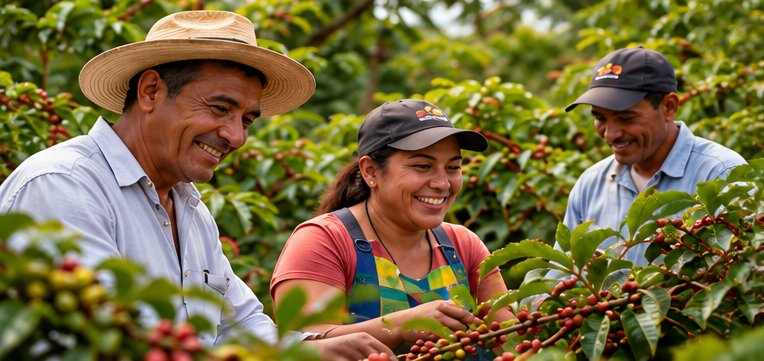 Productores sonrientes cosechando café robusta
